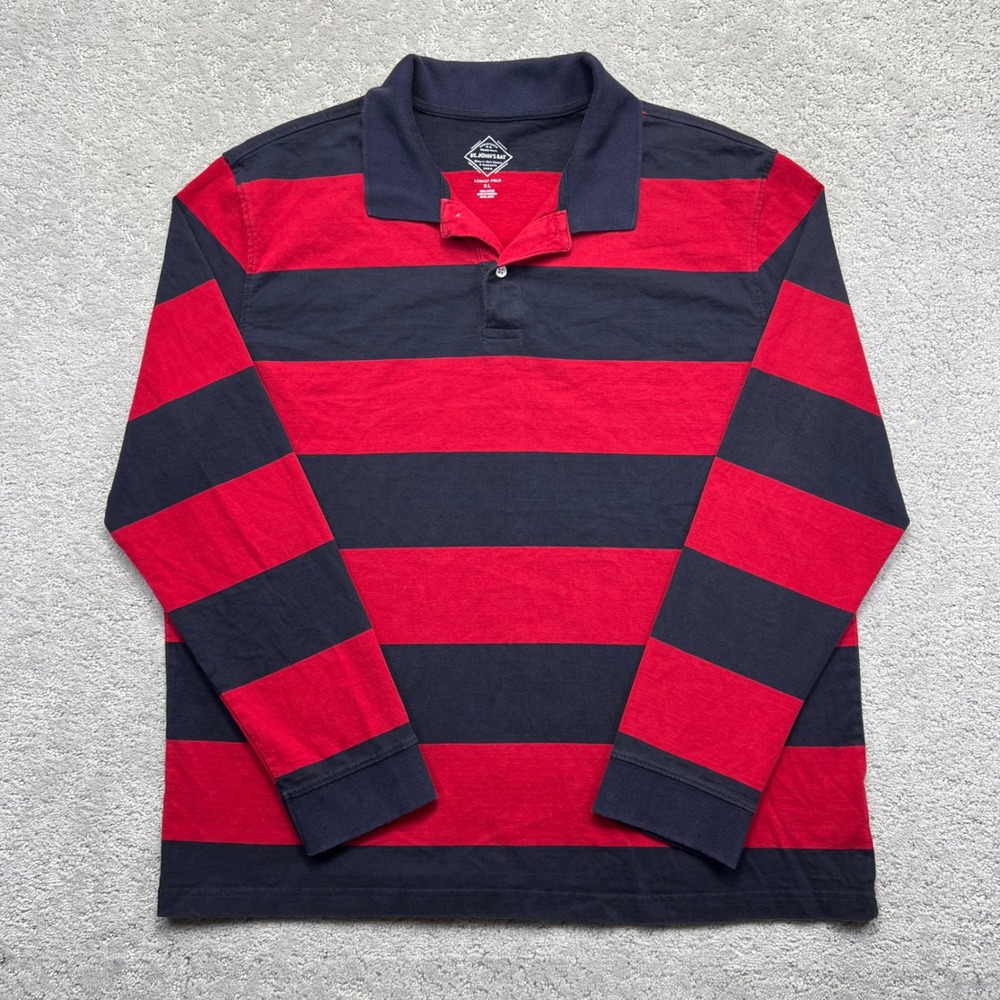 St Johns Bay Legacy Polo‎ Shirt Mens XL Red Navy Blue Striped Long Sleeve Rugby